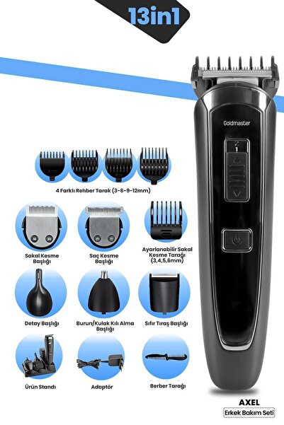 GOLDMASTER Axel 13in1 Hızlı Şarj Özellikli Kablolu Kablosuz Paslanmaz Çelik 21 Kademeli Erkek Bakım Seti
