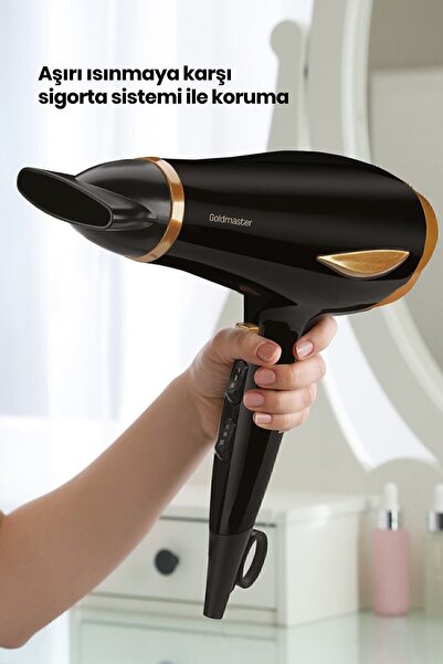 GOLDMASTER Rüzgar 2200 Watt Dc Motorlu Isı Ve Hız Ayarlı Difüzör Başlıklı Saç Kurutma Makinesi Gold