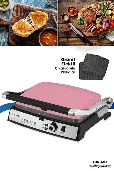 GOLDMASTER Tostmix Pink Stainless Steel 2000 Watt Granite Removable Plate Toaster and Grill Machine