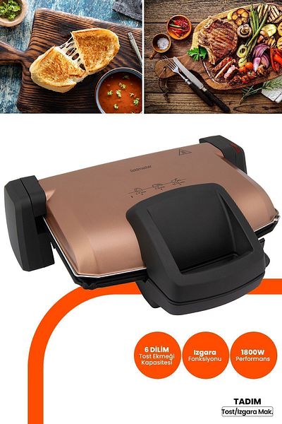 GOLDMASTER Tadım Gold 1800 Watt Toaster and Grill Machine with Removable Plate and Heat Adjustment