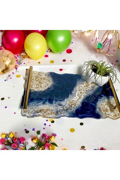 Home Blue Gold Epoxy Tray, Personalized Customization, Stylish Presentation Tray, Dessert Tray