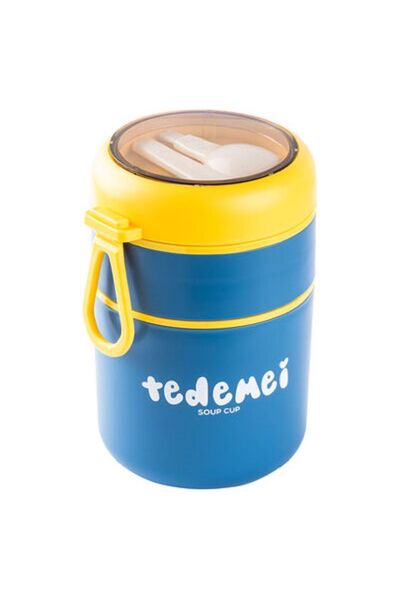 PeriStore Tedemei Blue - Stainless Steel Round, 2-Layer Gray Food Carrying Box with Plastic Spoon 710ml