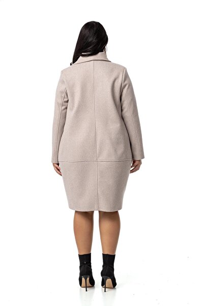 DISENTIS MODEST Beige Colored Plus Size Cashmere Coat - Single Button and Bag Pocket