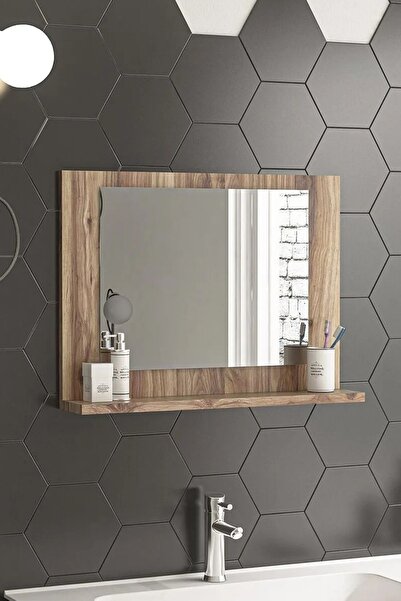 nysamo 60x45cm Ceviz Raflı Banyo Aynası Dresuar Yatak Odası Boy Aynası