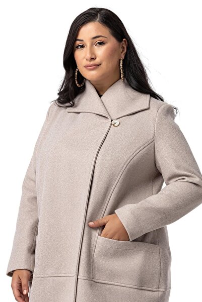 DISENTIS MODEST Beige Colored Plus Size Cashmere Coat - Single Button and Bag Pocket