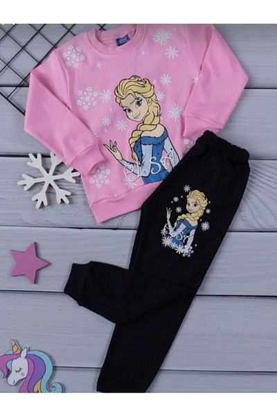 Amazon Ev Elsa Anna Patterned Pink Girl's Pajama Set - 100% Cotton Home Wear Top and Bottom Set