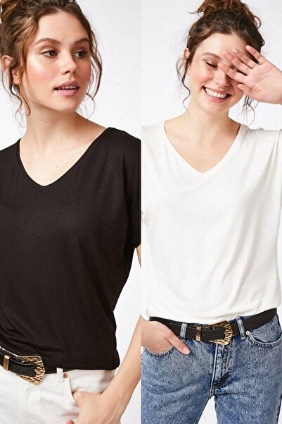 Devinka Kadın Siyah-ekru Beyazı 2'li Paket Basic Örme T-shirt
