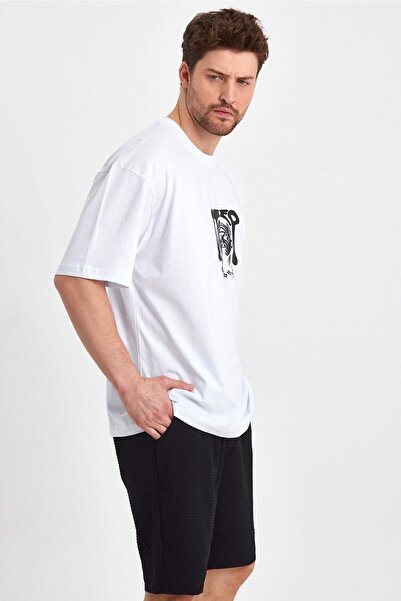 THE RULE Ανδρικό μπλουζάκι με στάμπα με βαθύ ανάγλυφο, 100% βαμβακερό, φαρδύ, φαρδύ κομμένο λαιμόκοψη, χαλαρό λευκό μπλουζάκι