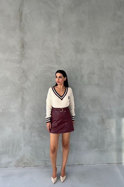 Seda Yalçın Atelier Leather Skirt - Claret Red, Belted and Hidden Pocket Detail
