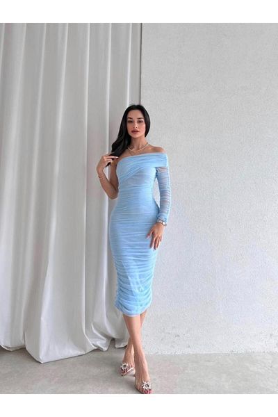 Afiş Butik Baby Blue One Shoulder Tulle Midi Φόρεμα με ντραπέ