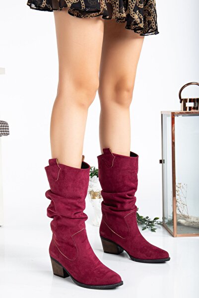 ÜNAL ÖZER Bordo Süet Kadın Körüklü Western Bot Un001-0170