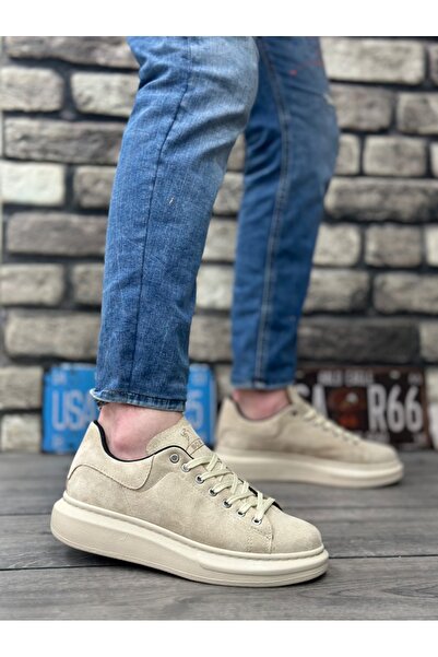 BOA BA0547 Kalın Yüksek Krem Taban Krem Süet Bağcıklı Spor Erkek Ayakkabı