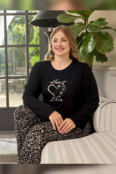 Aydoğan Plus Size Black Heart Love Pajama Set - 0661