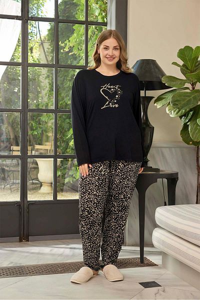Aydoğan Plus Size Black Heart Love Pajama Set - 0661