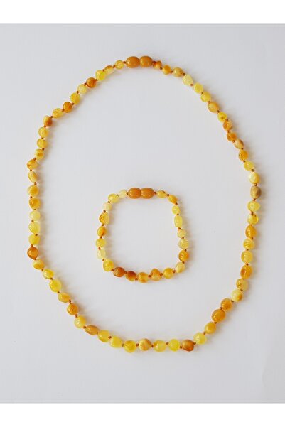 Kehribar Sarayı مجموعة قلادة وسوار من العنبر للبالغين بلون الحليب اللامع