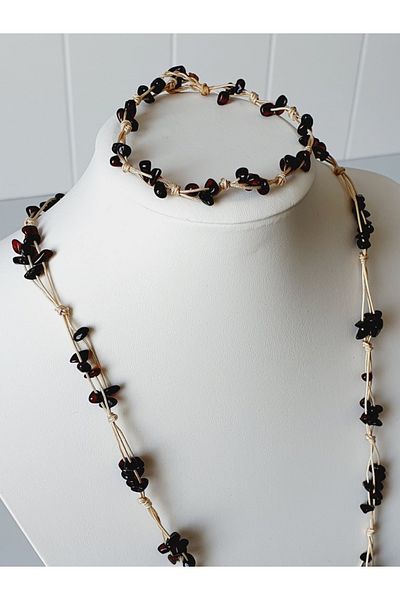 Kehribar Sarayı Drop Amber Knitted Knotted Ece Necklace Bracelet Set Cream Rope Design