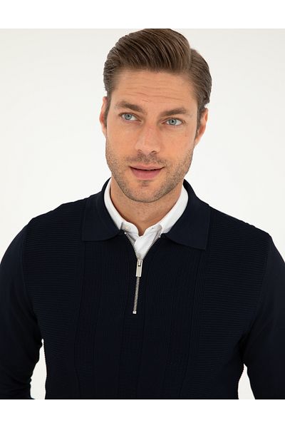 Pierre Cardin Navy Blue Regular Fit Zippered Polo Neck Knitwear Sweater 50296453-Vr033