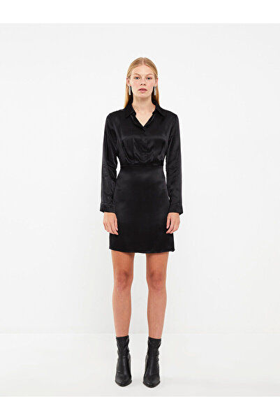 LC Waikiki Μαύρο ίσιο μακρυμάνικο σατέν γυναικείο βραδινό φόρεμα