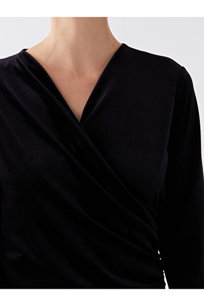 LC Waikiki Dvouřadé dámské šaty s koženým límcem s dlouhým rukávem