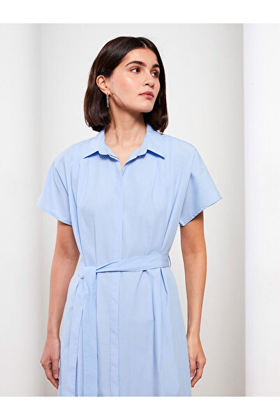 LC Waikiki Blue Plain Short Sleeve Poplin Women's Shirt Dress