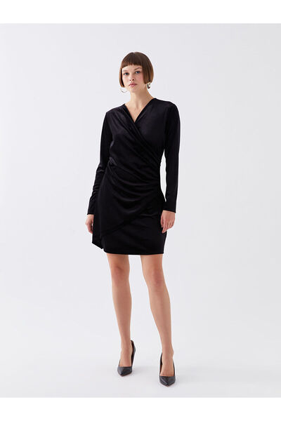 LC Waikiki Dvouřadé dámské šaty s koženým límcem s dlouhým rukávem