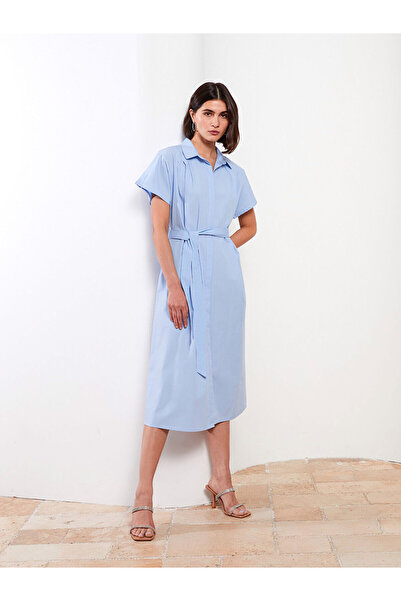 LC Waikiki Blue Plain Short Sleeve Poplin Women's Shirt Dress