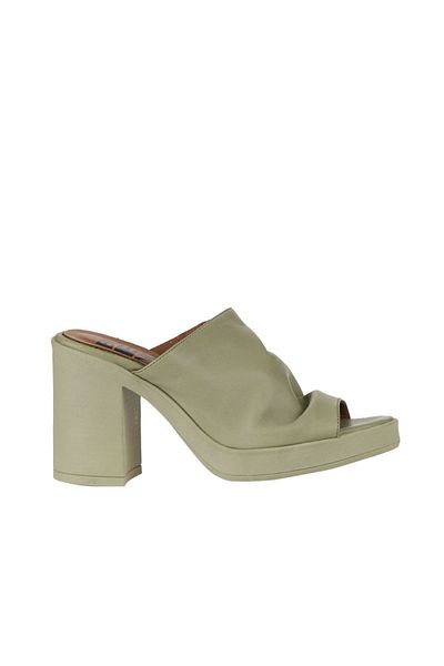 Bueno Shoes Γυναικείες δερμάτινες παντόφλες χακί με τακούνι - 01wy12306