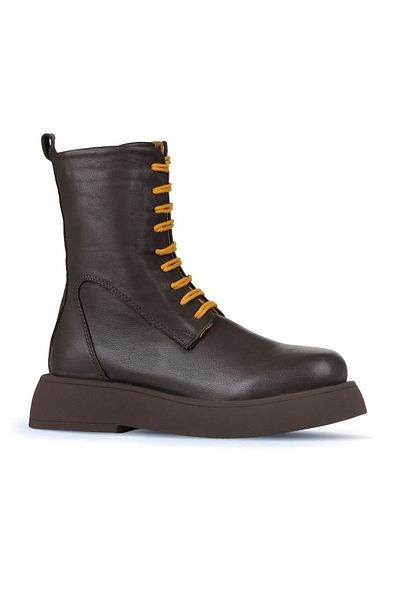 Bueno Shoes Δερμάτινα γυναικεία μποτάκια - Καφέ κίτρινο, Flat Model, 01wz6401
