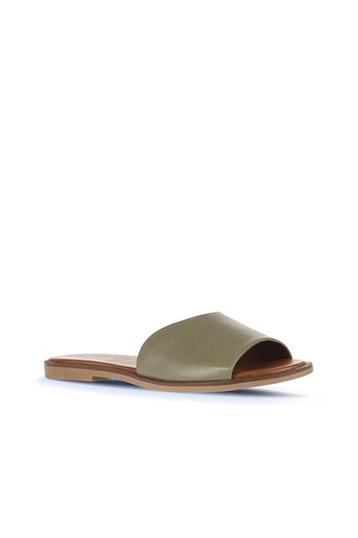 Bueno Shoes Πράσινες Δερμάτινες Γυναικείες Παντόφλες - Flat Design 01wa5701