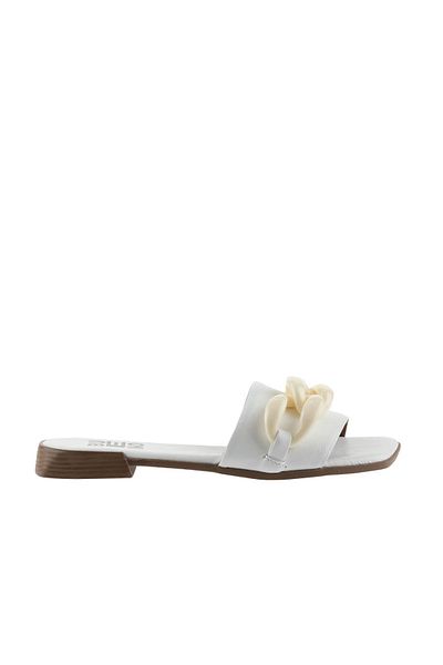 Bueno Shoes Δερμάτινες λευκές γυναικείες φλατ παντόφλες - 01wu1815