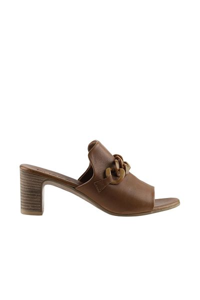 Bueno Shoes Γυναικείες δερμάτινες παντόφλες με τακούνι καφέ - 01wu9502
