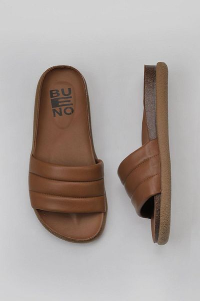 Bueno Shoes Γυναικείες φλατ δερμάτινες παντόφλες καφέ - 01wu4710
