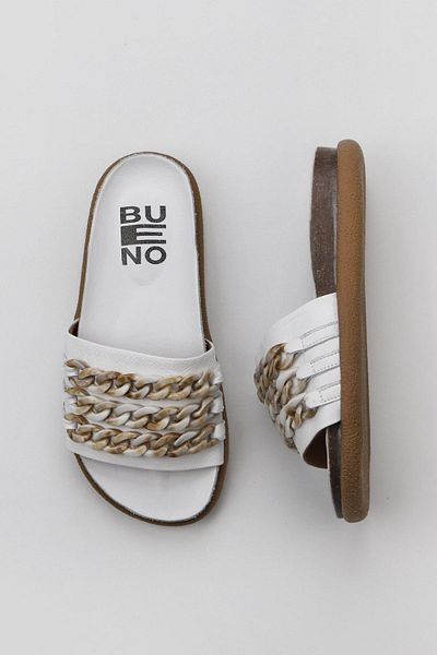 Bueno Shoes Γυναικείες λευκές δερμάτινες φλατ παντόφλες - 01wu4708