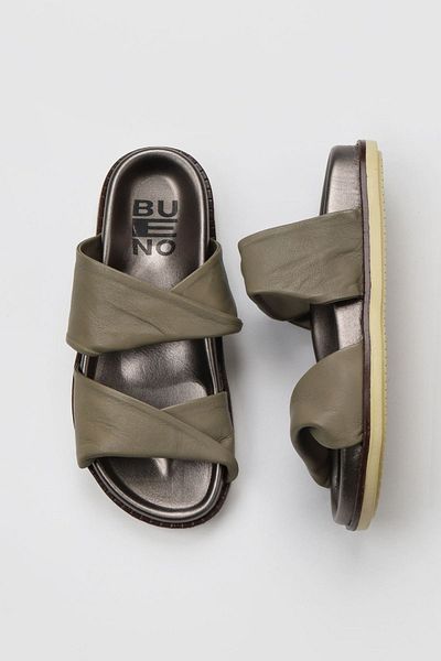 Bueno Shoes Γυναικείες φλατ παντόφλες από δέρμα χακί - 01wu5831