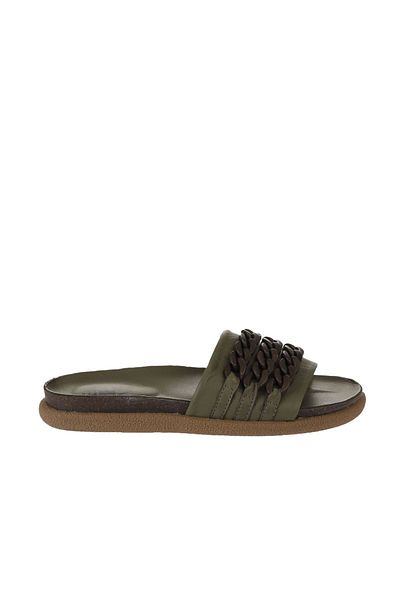 Bueno Shoes Γυναικείες φλατ παντόφλες από δέρμα χακί - 01wu4708