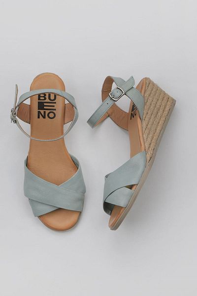 Bueno Shoes Turkuaz Deri Kadın Dolgu Topuklu Espadril Sandalet 01ws11100