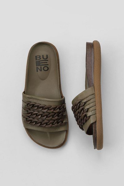 Bueno Shoes Γυναικείες φλατ παντόφλες από δέρμα χακί - 01wu4708