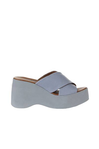 Bueno Shoes Γυναικείες παντόφλες μπλε δερμάτινες με σφήνα τακούνι - 01wy9005
