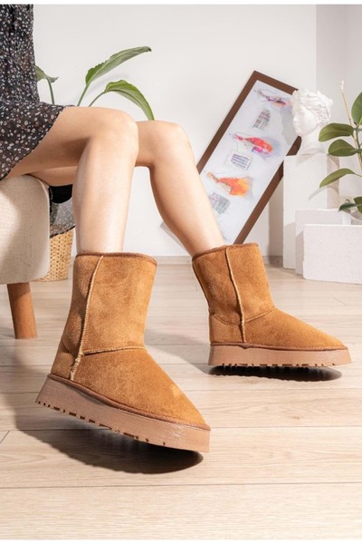 KOCAMANLAR Къси дамски ботуши Hugg с дебела подметка и вълнена подплата, TABA