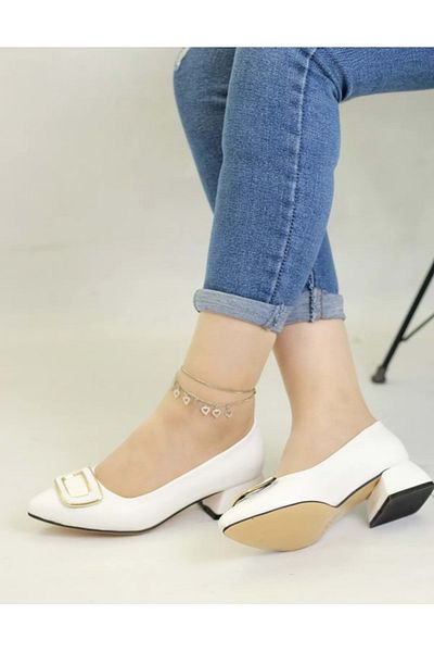 KCMN Pantofi clasici de damă cu toc de 4 cm cu cataramă Mehtap ALB