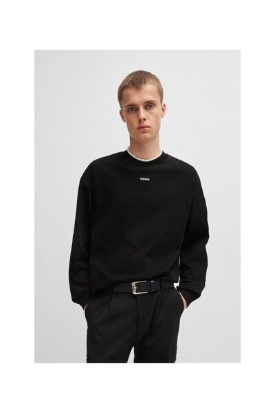 HUGO Logo Baskılı Uzun Kollu Rahat Kesim Tişört