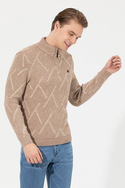 U.S. Polo Assn. Men's Camel Melange Stand Collar Knitwear Sweater 50253084 -Vr122