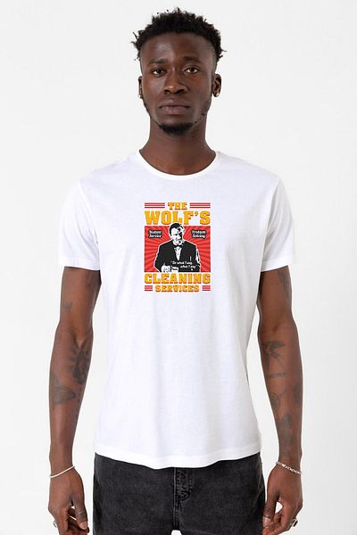Tshirthane Pulp Fiction The Wolf's Cleaning Services Λευκό ανδρικό μπλουζάκι με ποδήλατο