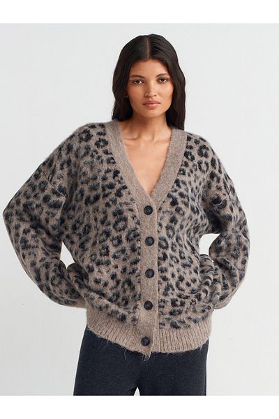 Dilvin 60260 Model V-Neck Leopard Patterned Knitwear Cardigan - Buttoned, Mink