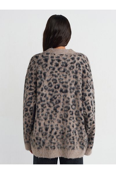 Dilvin 60260 Model V-Neck Leopard Patterned Knitwear Cardigan - Buttoned, Mink