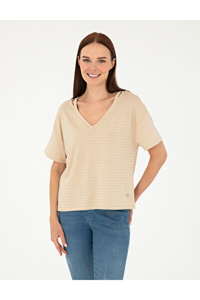 Pierre Cardin Μπεζ Ριγέ Μπλουζάκι με Άνετη Εφαρμογή 50284066-vr011