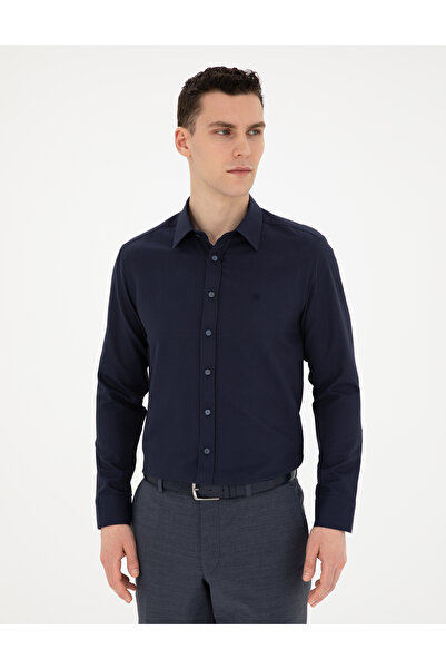 Pierre Cardin Lacivert Slim Fit Armürlü Uzun Kollu Gömlek 50289391-VR033