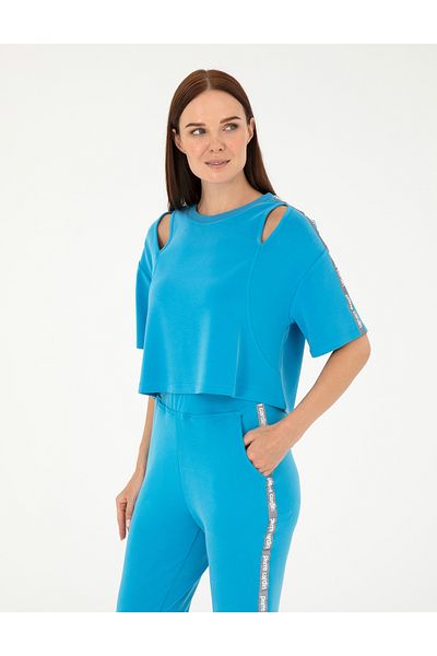 Pierre Cardin Blue Comfort Fit Crop Top Modal Fabric Sweatshirt