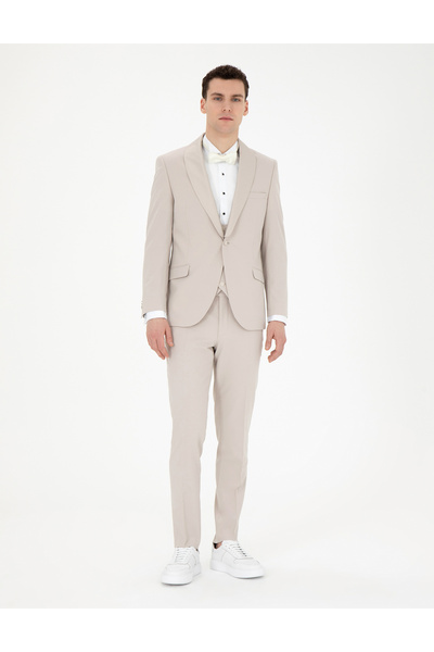 Pierre Cardin Bej Ex. Slim Fit Yelekli Smokin 50288078-VR011