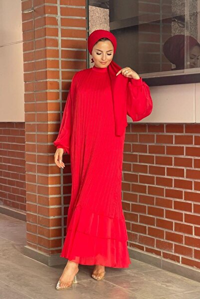 Şule Giyim Tight Pleated Belted Evening Dress Red
